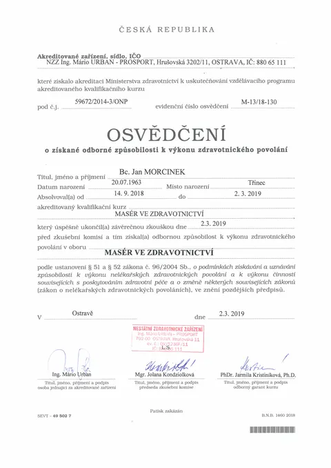 Osvědčení Masér ve zdravotnictví (2018–2019)