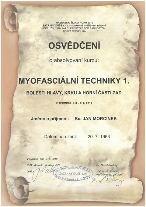 Certifikát Myofasciální techniky 1 (2019)
