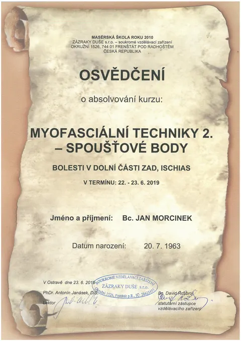 Certifikát Myofasciální techniky 2 – Spoušťové body (2019)