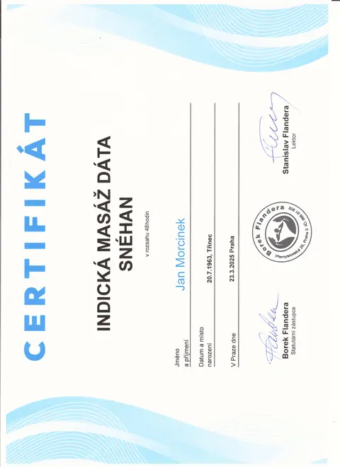 Certifikát Indická masáž Dáta Snéhan, 48 hodin (2025)